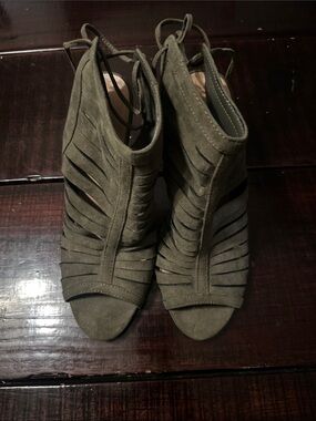 Brash Olive Suede Strappy Peep-Toe Heels